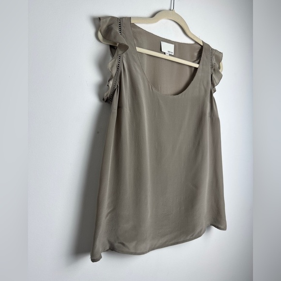 GREYLIN Taupe 100% Silk Ruffle Ladder Stitch Chic Classic Minimalist Top Sz S - Picture 2 of 7